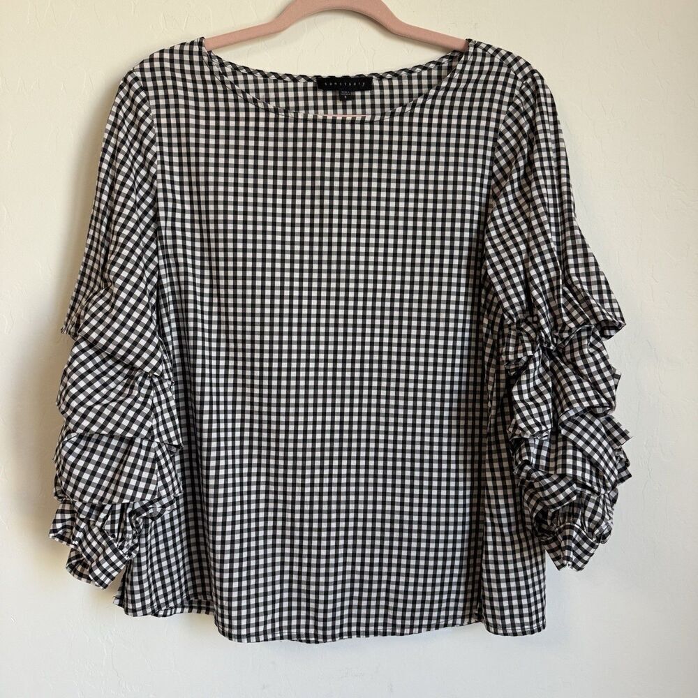 Sanctuary Revolve Black & White Gingham Lightweight Ruffle Sleeve Blouse Small